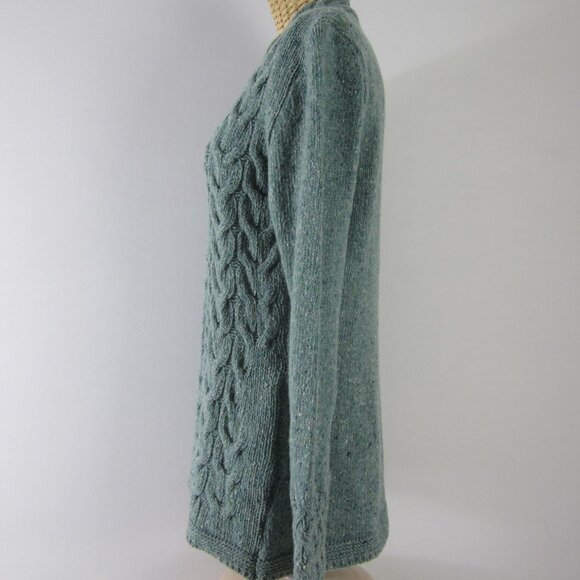 Irelands Eye Womens L Teal Blue Green Wool Cashmere V Neck Cable Knit Sweater - Picture 9 of 10
